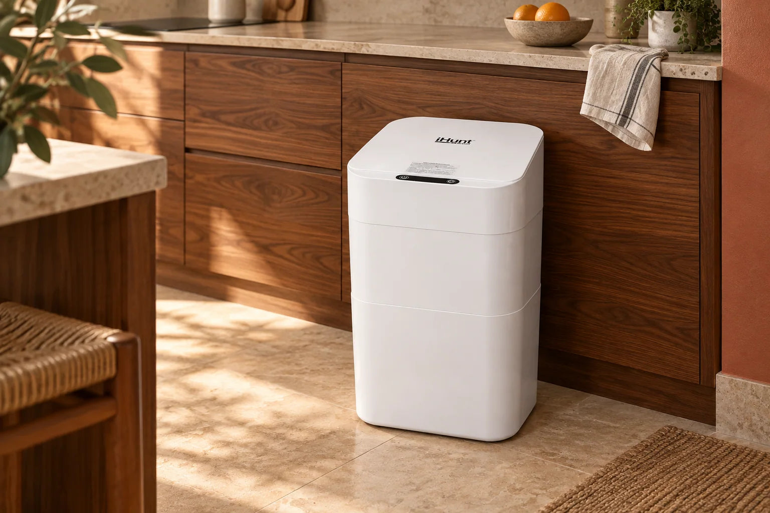 Coșul alb iHunt Easy Trash Can V2 lângă mobilier din nuc, într-o bucătărie modernă.